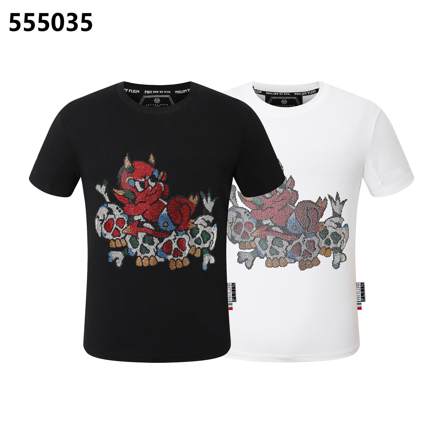 PHILIPP PLEIN Rundhals-T-Shirt mit Totenkopf- und Teufelsdesign