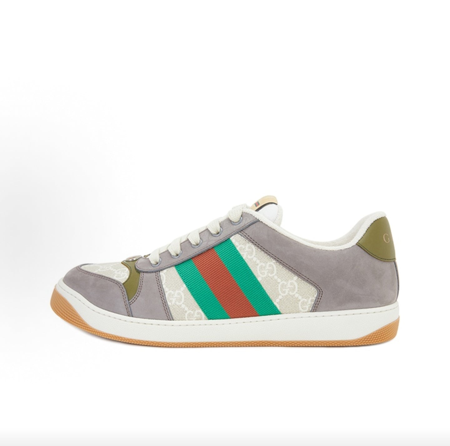 GUCCI Screener Men's Low-Top Fashion Sneakers with Red and Green Webbing and Double G Print, Gray
