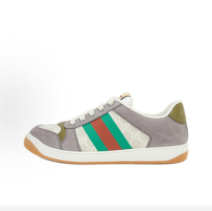GUCCI Screener Men's Low-Top Fashion Sneakers with Red and Green Webbing and Double G Print, Gray