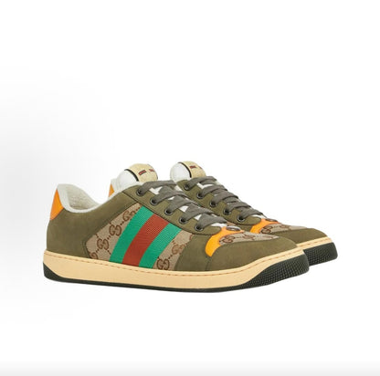 GUCCI Screener Round-Toe Lace-Up Sneakers with Red and Green Webbing and Metallic Double G Enamel, Low-Top Men's Style, Dark Green