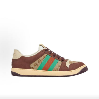 GUCCI Screener Canvas and Leather Low-Top Sneakers with Red and Green Webbing and Metallic Double G Enamel