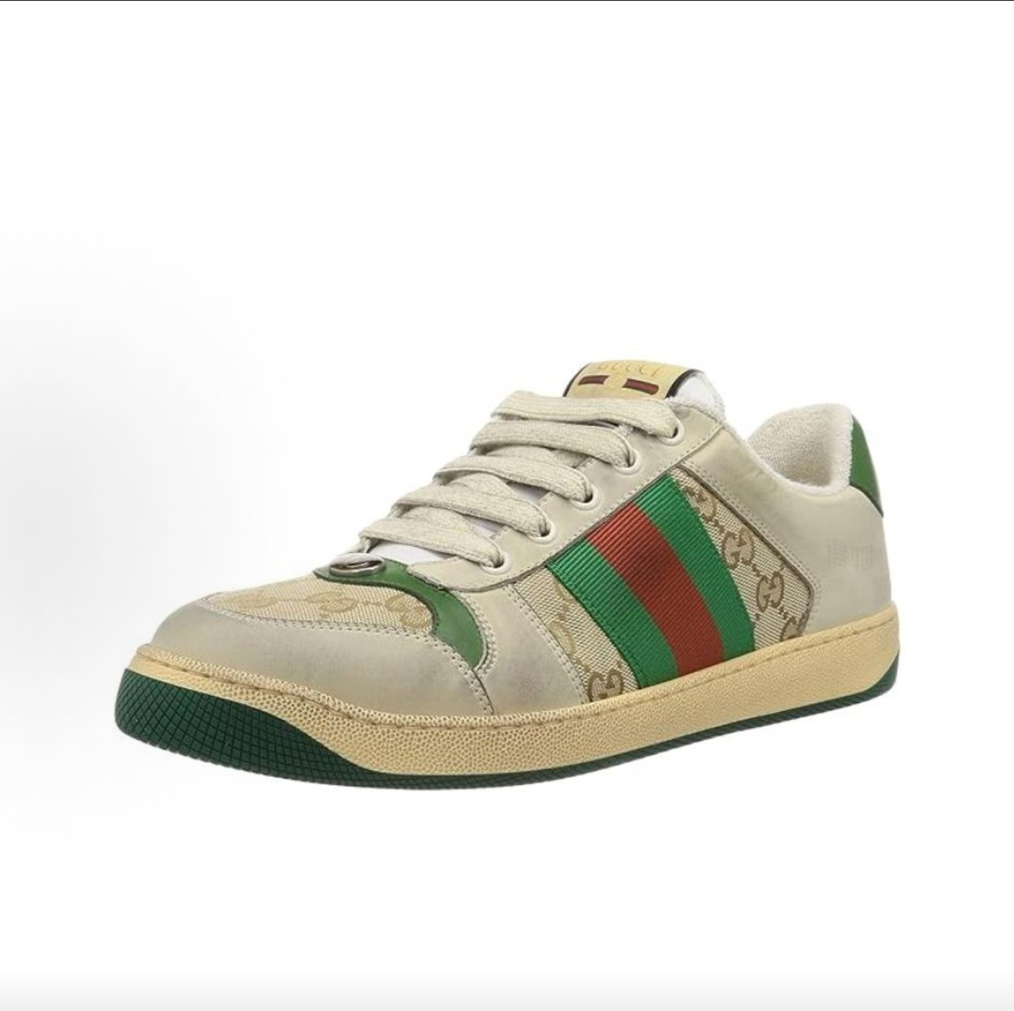 GUCCI Screener “Dirty” Sneakers, Leather, GG Enamel, Distressed Style, Men's, Green