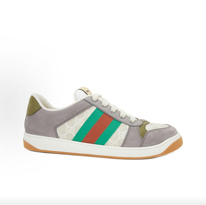 GUCCI Screener Men's Low-Top Fashion Sneakers with Red and Green Webbing and Double G Print, Gray