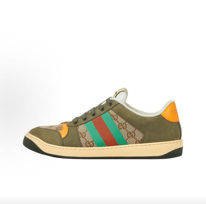 GUCCI Screener Round-Toe Lace-Up Sneakers with Red and Green Webbing and Metallic Double G Enamel, Low-Top Men's Style, Dark Green
