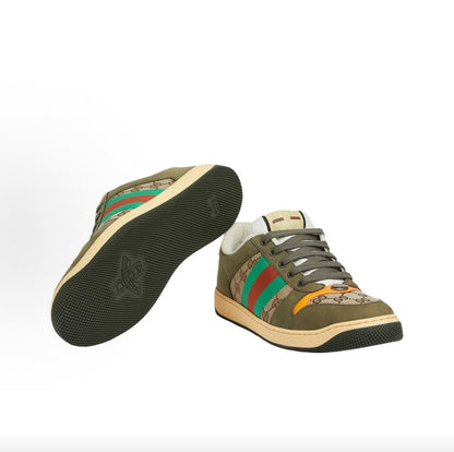 GUCCI Screener Round-Toe Lace-Up Sneakers with Red and Green Webbing and Metallic Double G Enamel, Low-Top Men's Style, Dark Green
