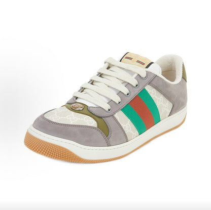 GUCCI Screener Men's Low-Top Fashion Sneakers with Red and Green Webbing and Double G Print, Gray