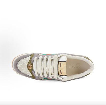 GUCCI Screener Men's Low-Top Fashion Sneakers with Red and Green Webbing and Double G Print, Gray