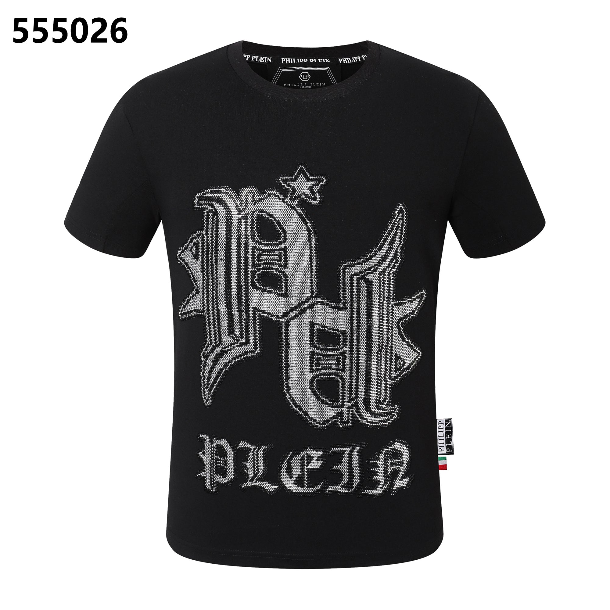 PHILIPP PLEIN ダイヤモンドスタッズレタリング ラウンドネックTシャツ