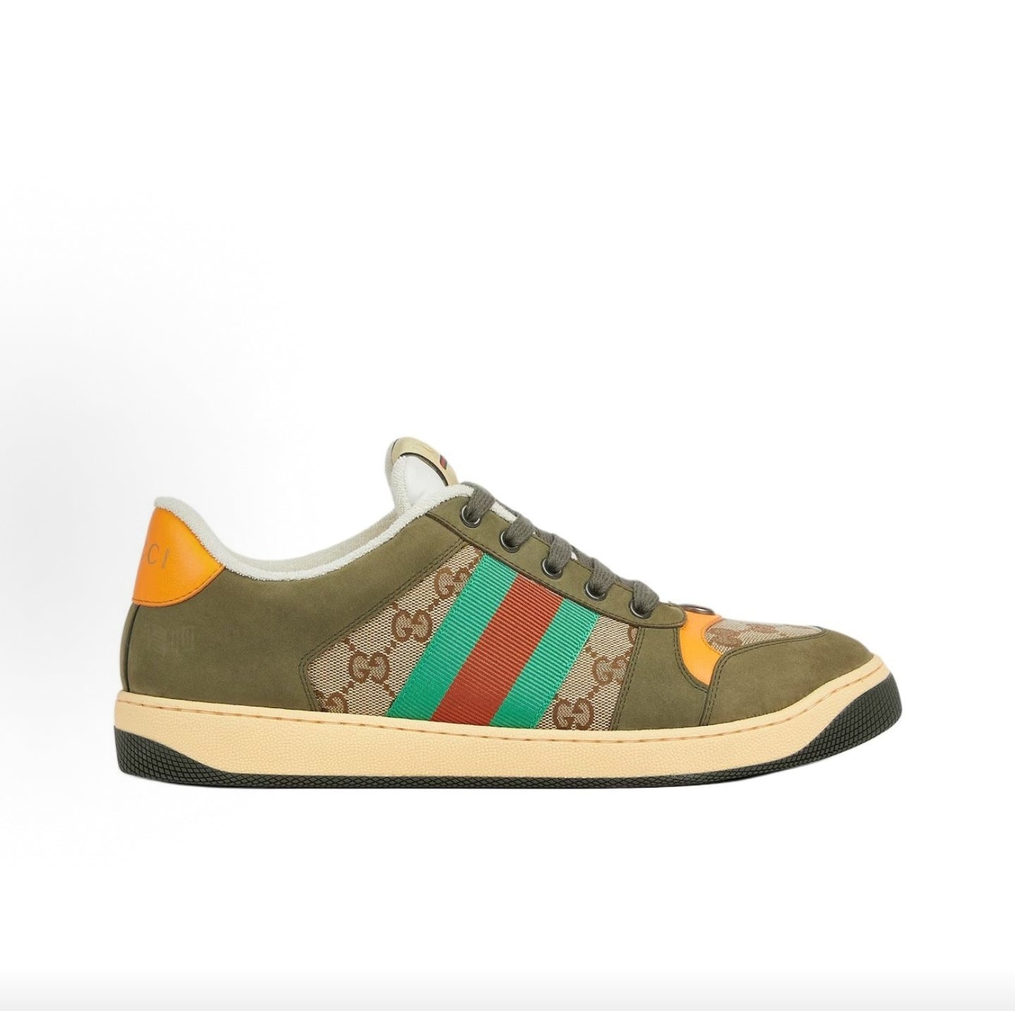 GUCCI Screener Round-Toe Lace-Up Sneakers with Red and Green Webbing and Metallic Double G Enamel, Low-Top Men's Style, Dark Green