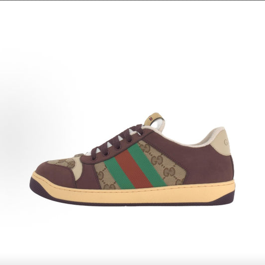 GUCCI Screener Canvas and Leather Low-Top Sneakers with Red and Green Webbing and Metallic Double G Enamel