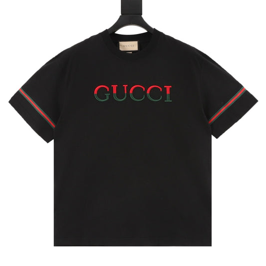 Gucci Red and Green 3D Embroidered Ribbon Short-Sleeve Shirt