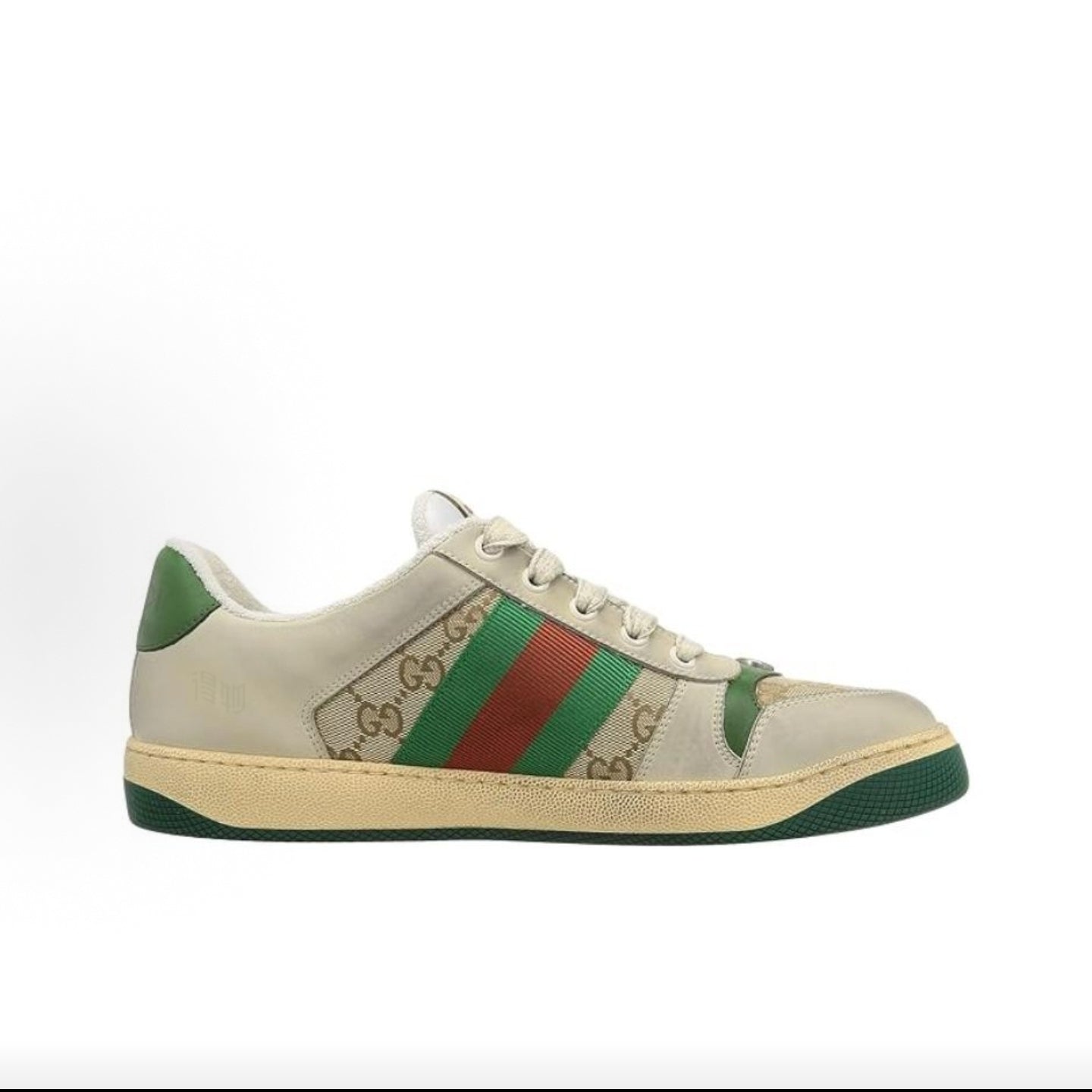 GUCCI Screener “Dirty” Sneakers, Leather, GG Enamel, Distressed Style, Men's, Green