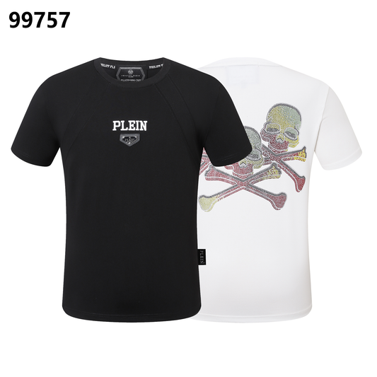 PHILIPP PLEIN Round-Neck T-Shirt with Colorful Skull Print and Rhinestone Embellishments