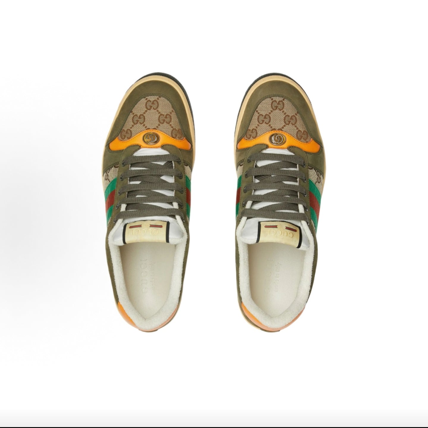 GUCCI Screener Round-Toe Lace-Up Sneakers with Red and Green Webbing and Metallic Double G Enamel, Low-Top Men's Style, Dark Green
