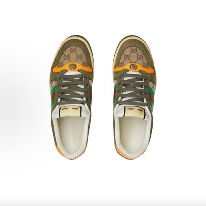 GUCCI Screener Round-Toe Lace-Up Sneakers with Red and Green Webbing and Metallic Double G Enamel, Low-Top Men's Style, Dark Green