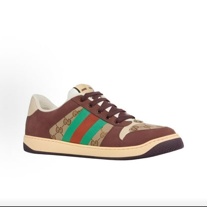 GUCCI Screener Canvas and Leather Low-Top Sneakers with Red and Green Webbing and Metallic Double G Enamel