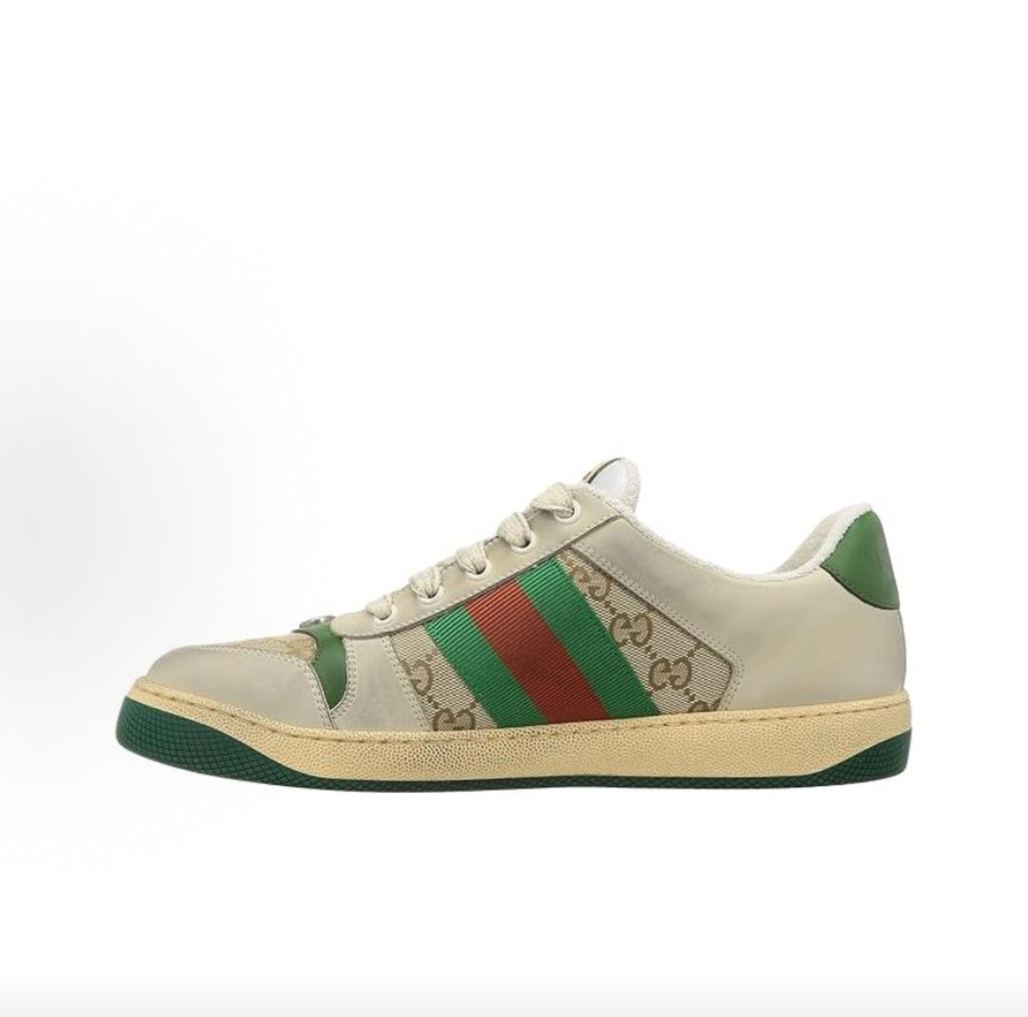 GUCCI Screener “Dirty” Sneakers, Leather, GG Enamel, Distressed Style, Men's, Green